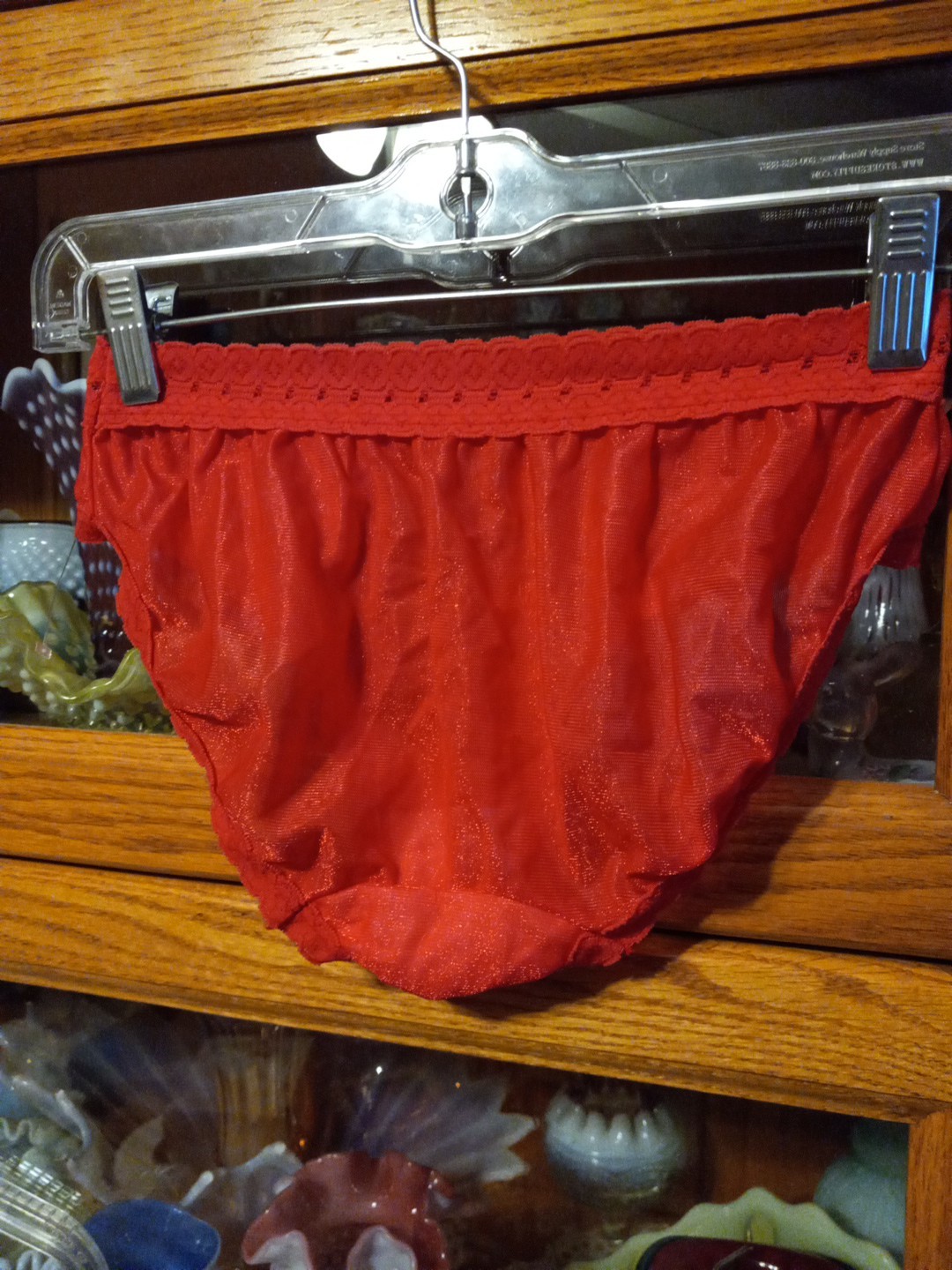 Vintage Kiki NOS Panties Red Sparkle Nylon Panty Bikini Shiny 7 13-17 Lace Top