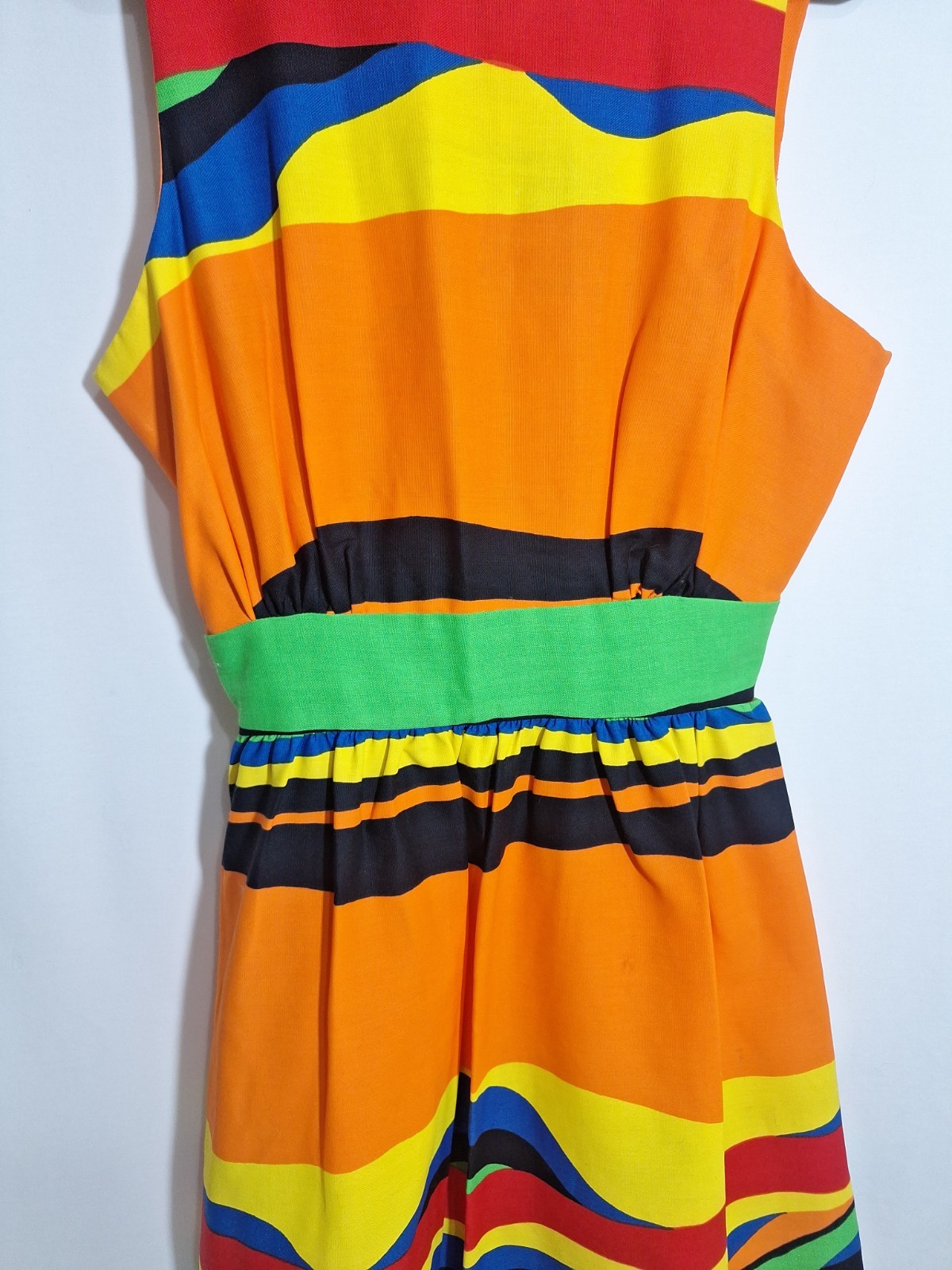 Vtg 70s Malia Honolulu Rainbow Striped Dress Cutout Open Back Mod Pop Art Small