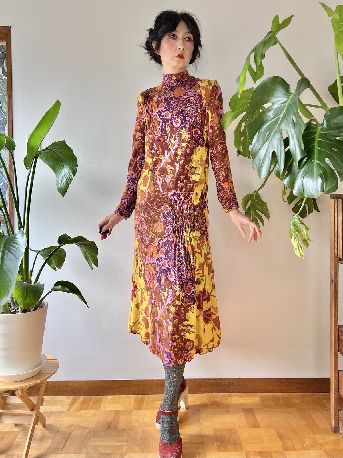 90s Kenzo Paris Jungle Animal Print Wool Blend Stretchy Dress Made in France S-L