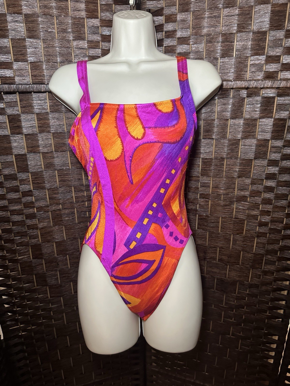 NWT Vintage 90s JAG One Piece Swimsuit Sz 10 Neon Abstract High Cut Cutout USA