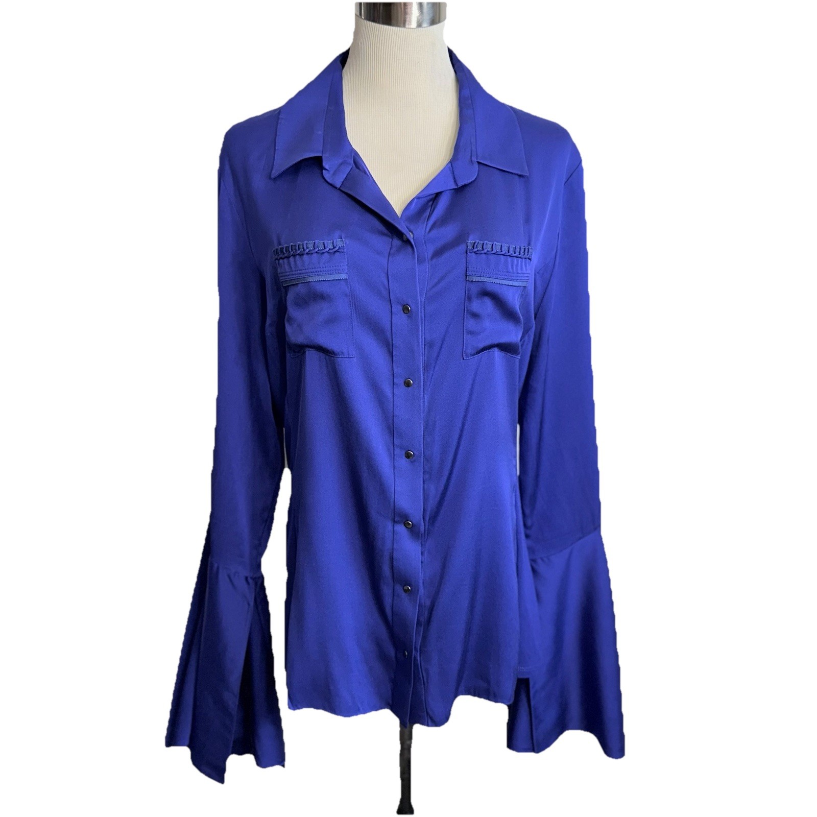 Y2K Indigo Bohemian Silk Blend Trumpet Bell Sleeve Snap Closure Blouse Women’s L