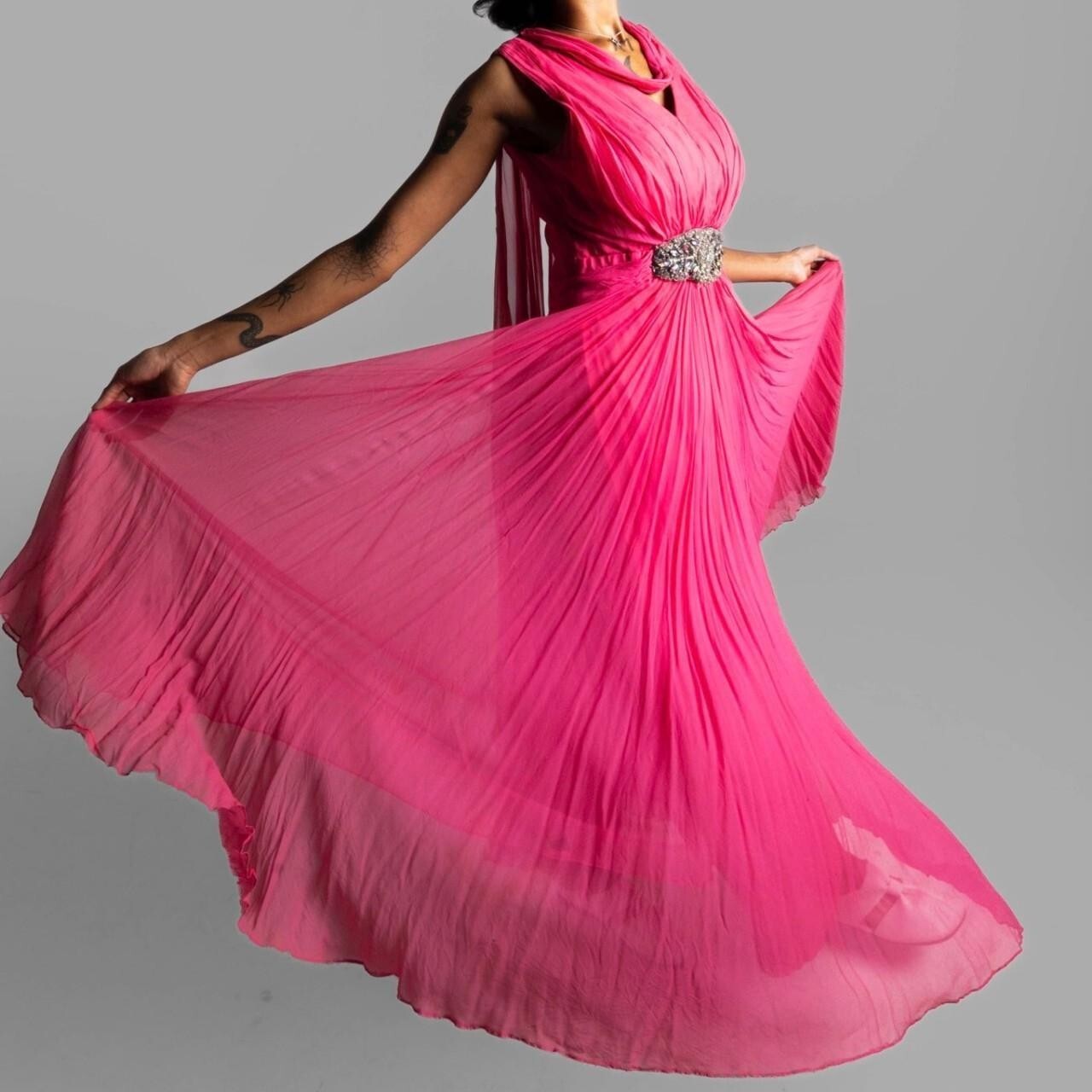 Vintage 60s Pink Silk Rayon Chiffon Gown with Rhinestone