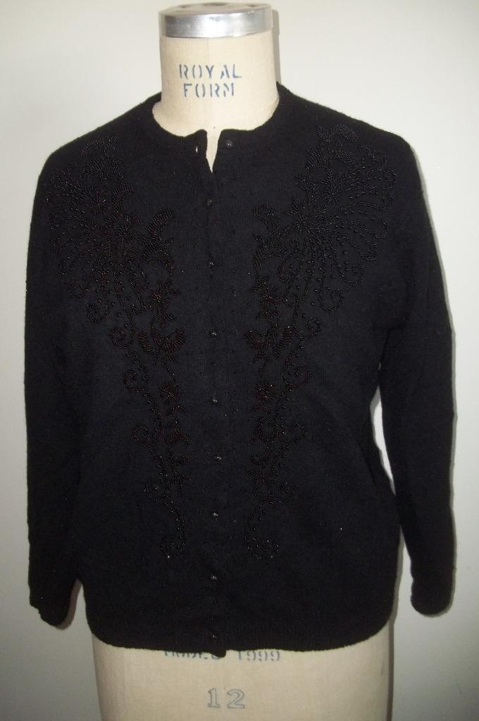 Vintage 50’s Black Beaded Floral Print Cardigan Sweater 44