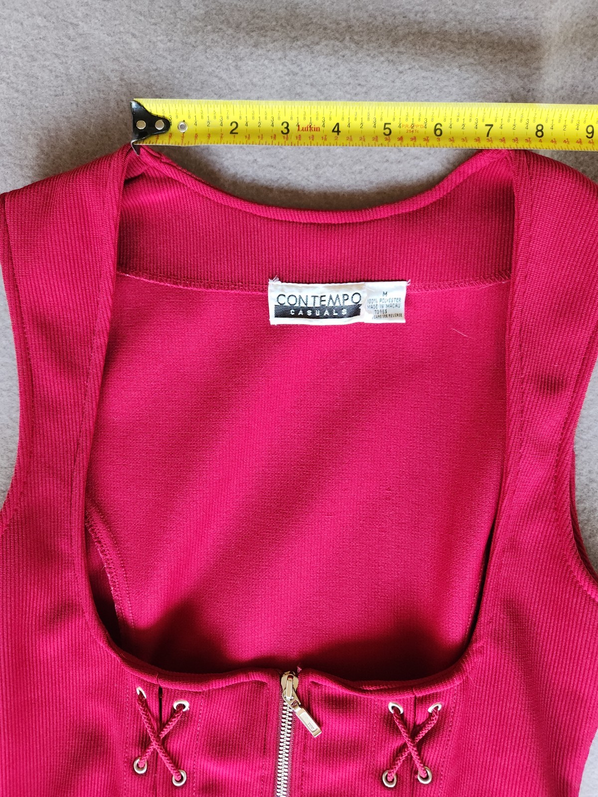 Vtg 90s Contempo Casuals Red Corset Lace Up Zip Front Ribbed Top Vest Womens M