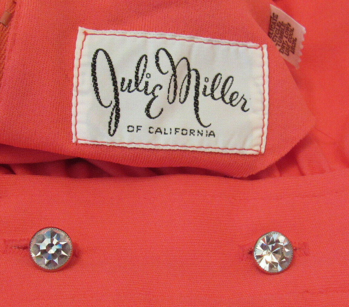 VTG 1960s JULIE MILLER OF CALIFORNIA MANDARIN DRESS CRYSTAL BUTTONS GATHERS