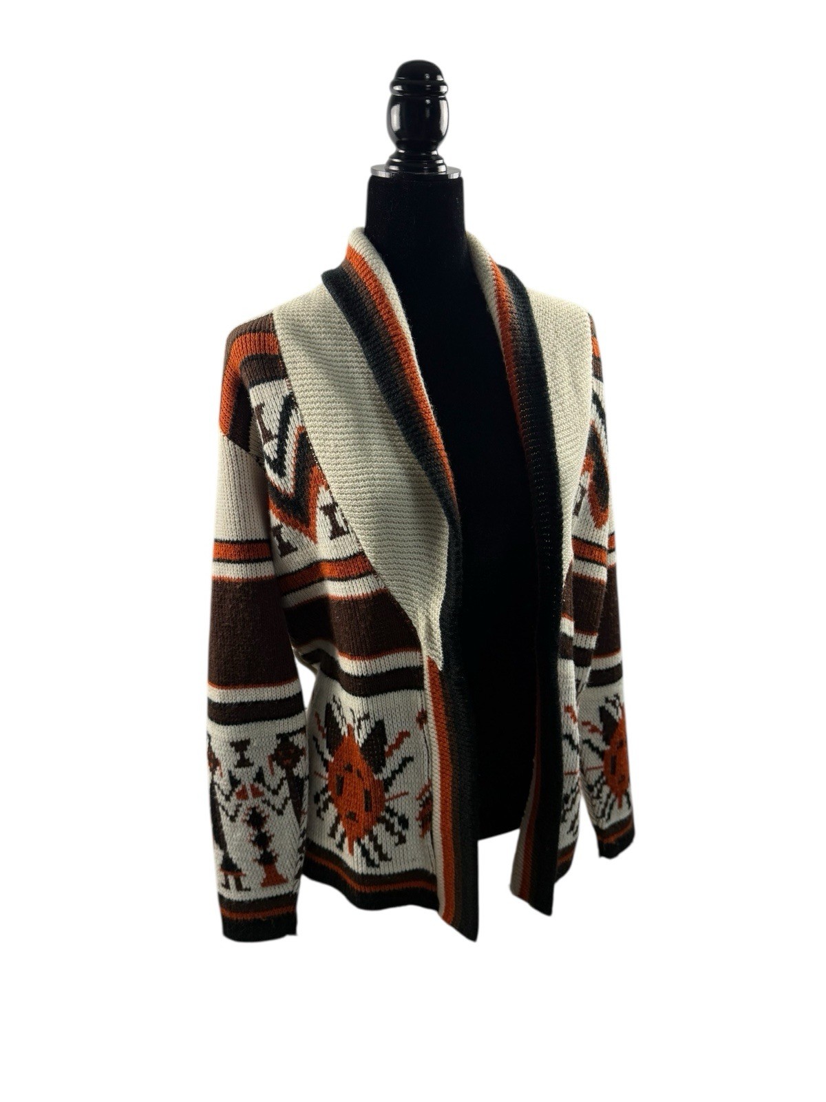 VTG Cardigan Sweater Aztec Knit Open Front Shawl Collar Earth Tones Sz S No Belt