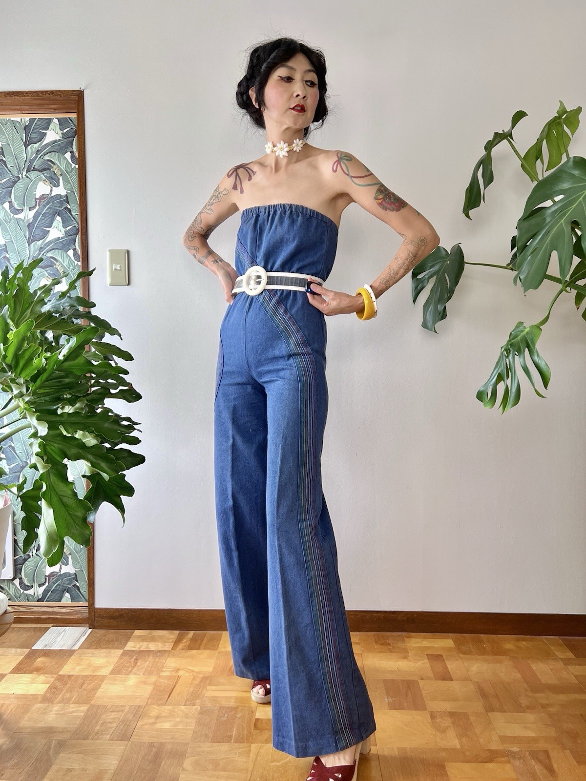 1970s Happy Legs Rainbow Chain Stitch Strapless Denim Jumpsuit Wide Leg XS/S