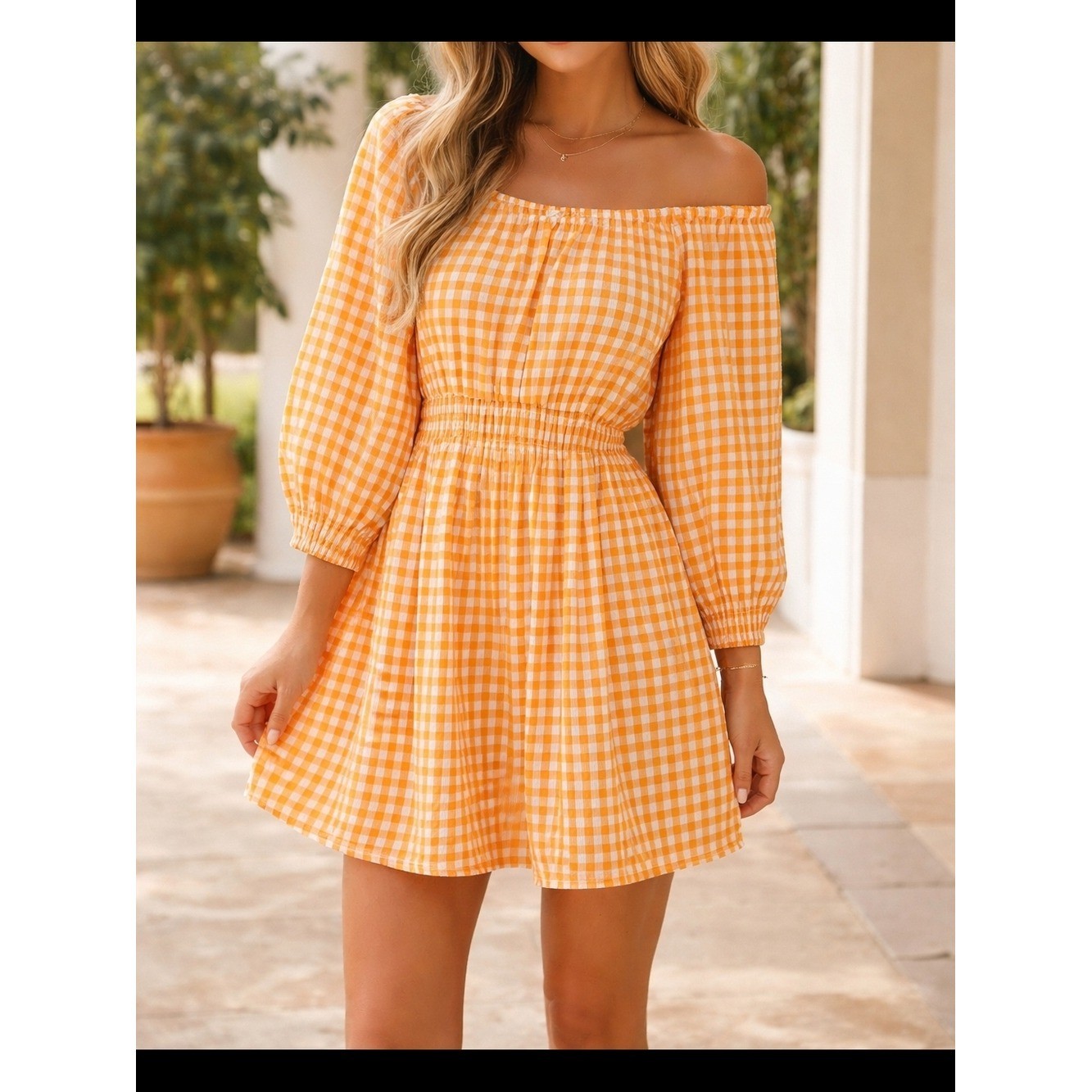 C Est 1946 Women’s Of Shoulder Mini Dress Orange Checkered Size XL