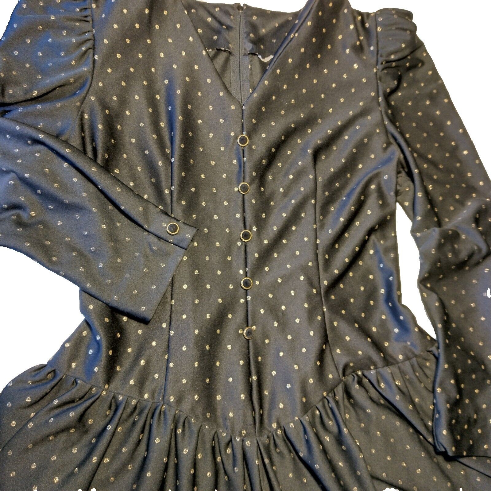 Vintage 1980s Homemade Dress Black Gold Metallic Polka Dot Drop Waist Party Nerd
