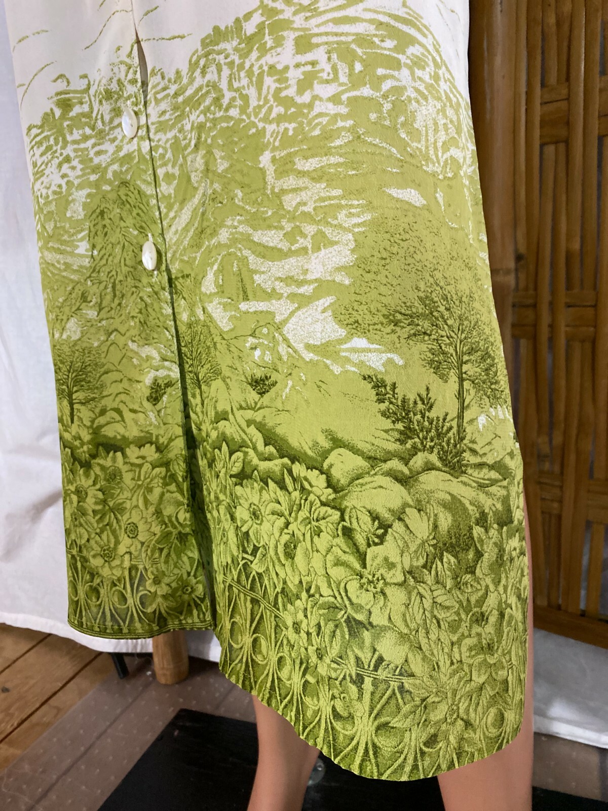 Vtg Papillon Long Duster Dress Cover-Up Ivory Nature Scene Semi-Sheer Boho M