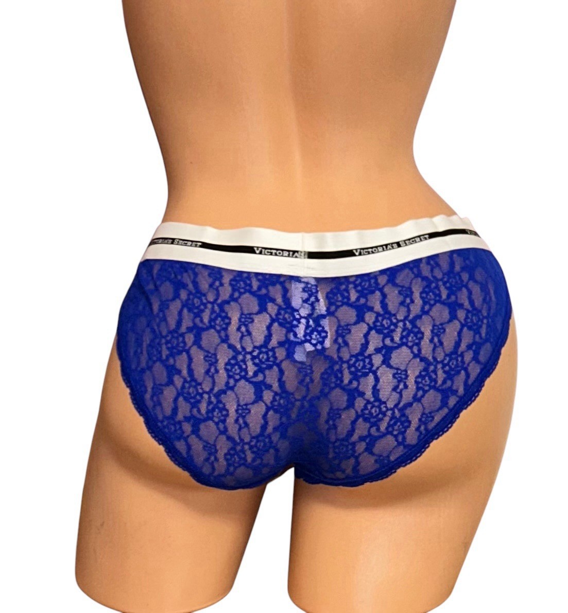 Victoria’s Secret Low Rise Bikini Blue Sheer Lace Logo Band Panties M NWT