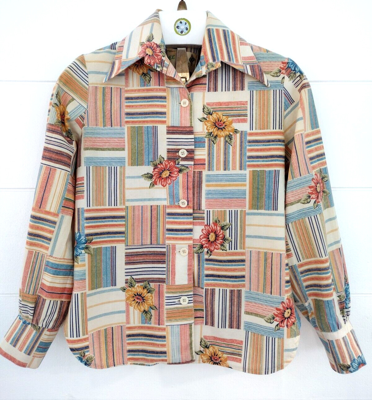 Vtg 70’s Western Patchwork Dagger Collar Plaid Button-Up Retro Mod Blouse Sz S