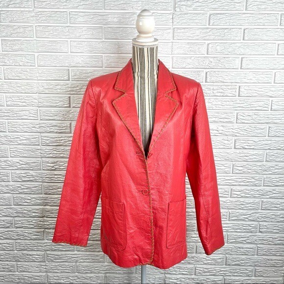 Vintage Metro Style Coral Genuine Leather Size 16 Tan Embroidered Trim