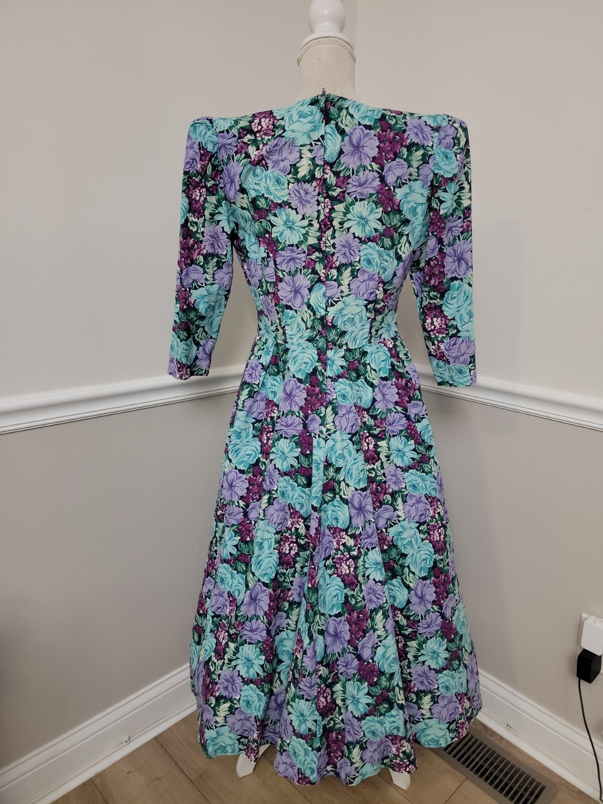 VTG Lavander Blue Floral Cottagecore Midi Tea Garden Party Dress 3/4 Sleeves