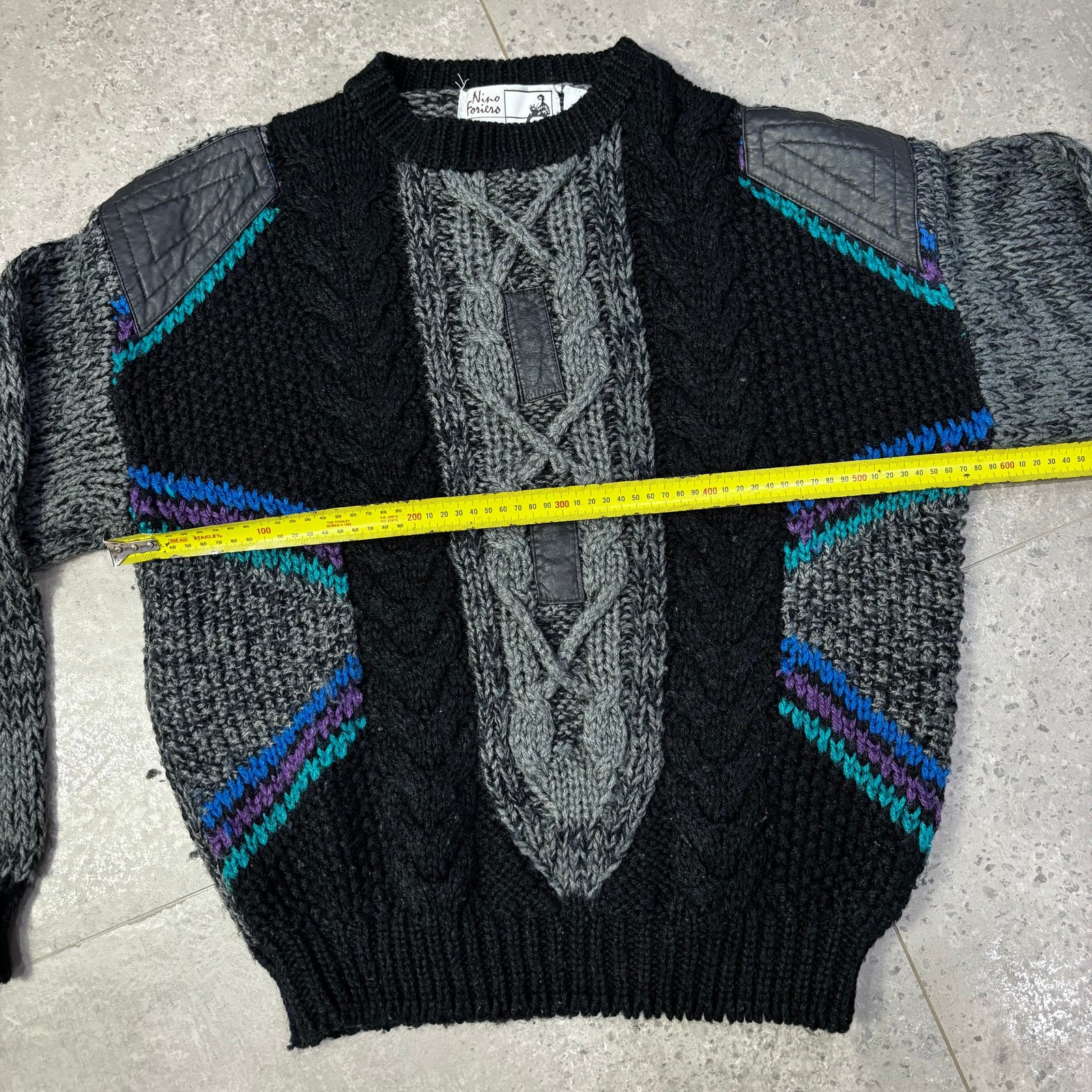 Nino Forino Vintage Sweater Men’s M/L Black Grey Cable Knit Crew Neck