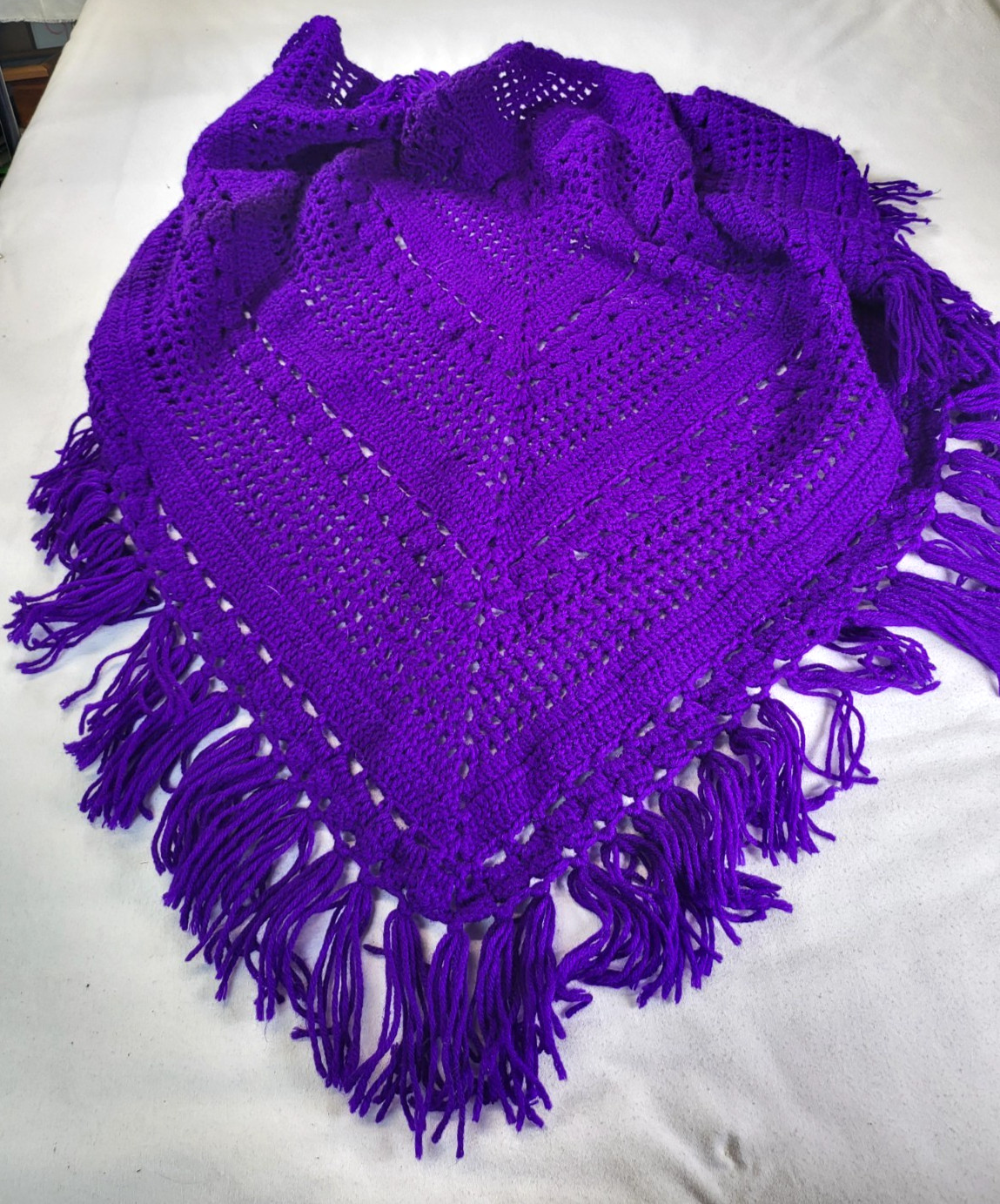 Vintage Crochet Poncho Deep Purple w/Fringe Handmade Boho Hippie Granny Core