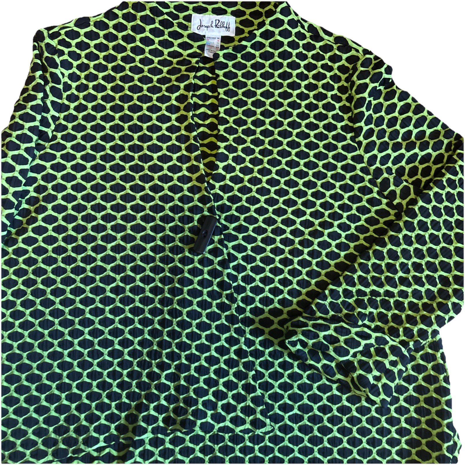 Y2K Joseph Ribkoff Stretch Lime Green Black Toggle Button Swing Blazer Jacket 14