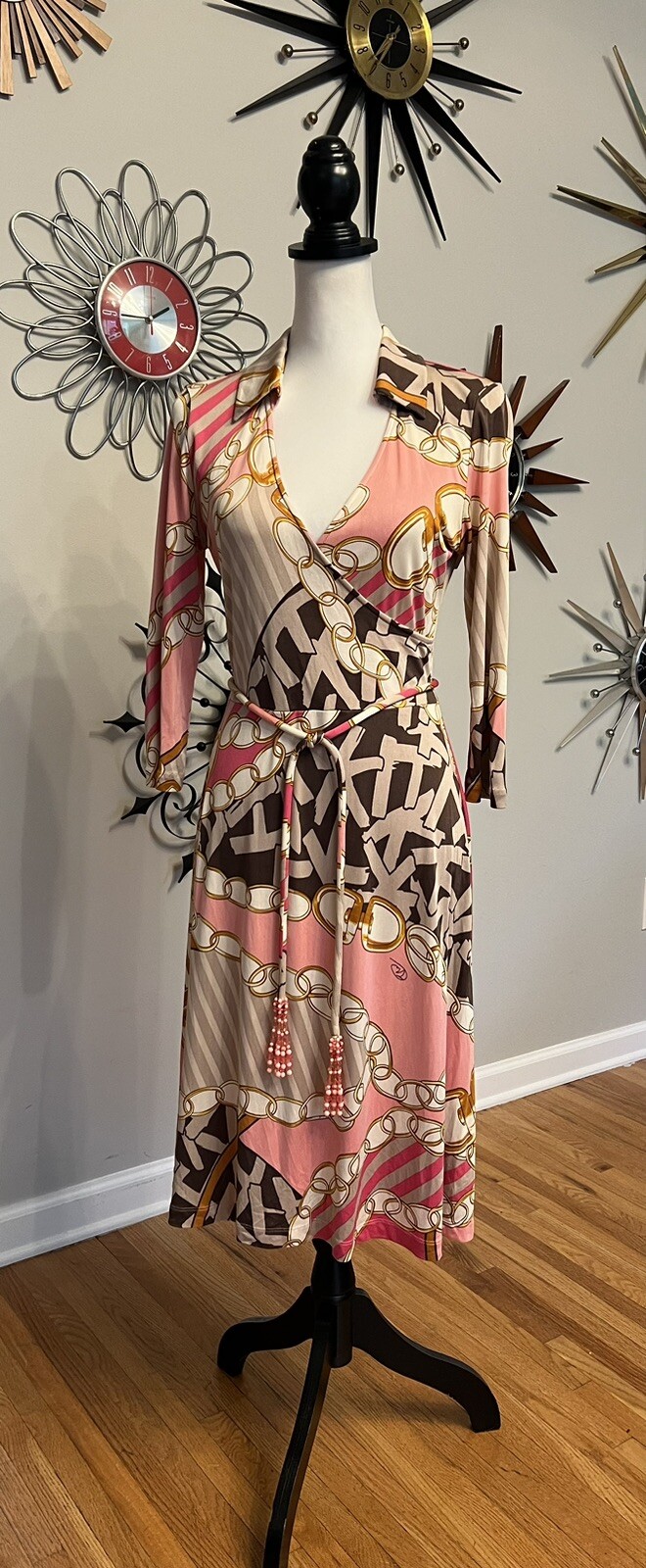 VTG Flora Kung 6 Silk Dress Chain Motif Pink Multicolor Belt w/ Beading