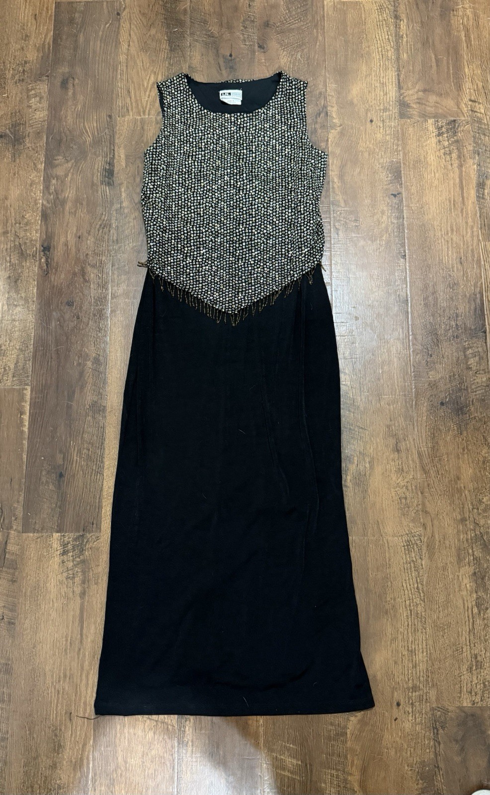VTG 90s I.N. Studio San Francisco Long Maxi Black Gold Circle Fringe Dress Sz 8