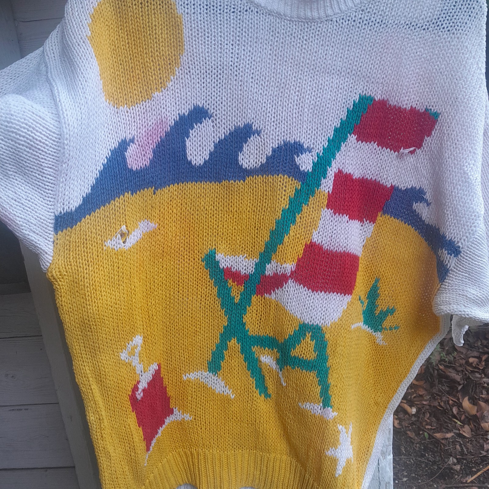 ​Vintage 80s Honors Novelty Knit Sweater, Beach Scene, Intarsia, Sun Ocean Chair