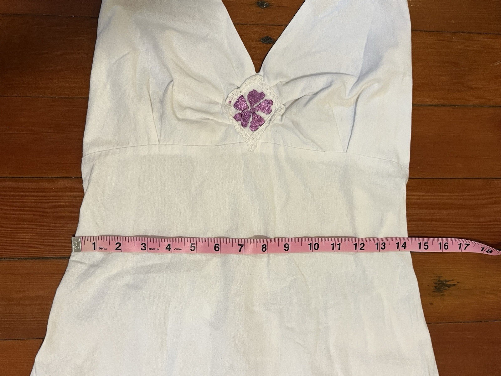 Vintage 1970s Mexican White Cotton Purple Flower Embroidered Halter Dress 70s