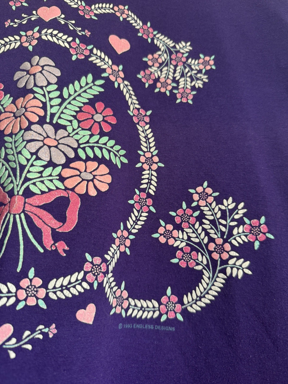 Vintage 90s Endless Designs Cottage Core Floral Heart Bouquet T-Shirt Purple L