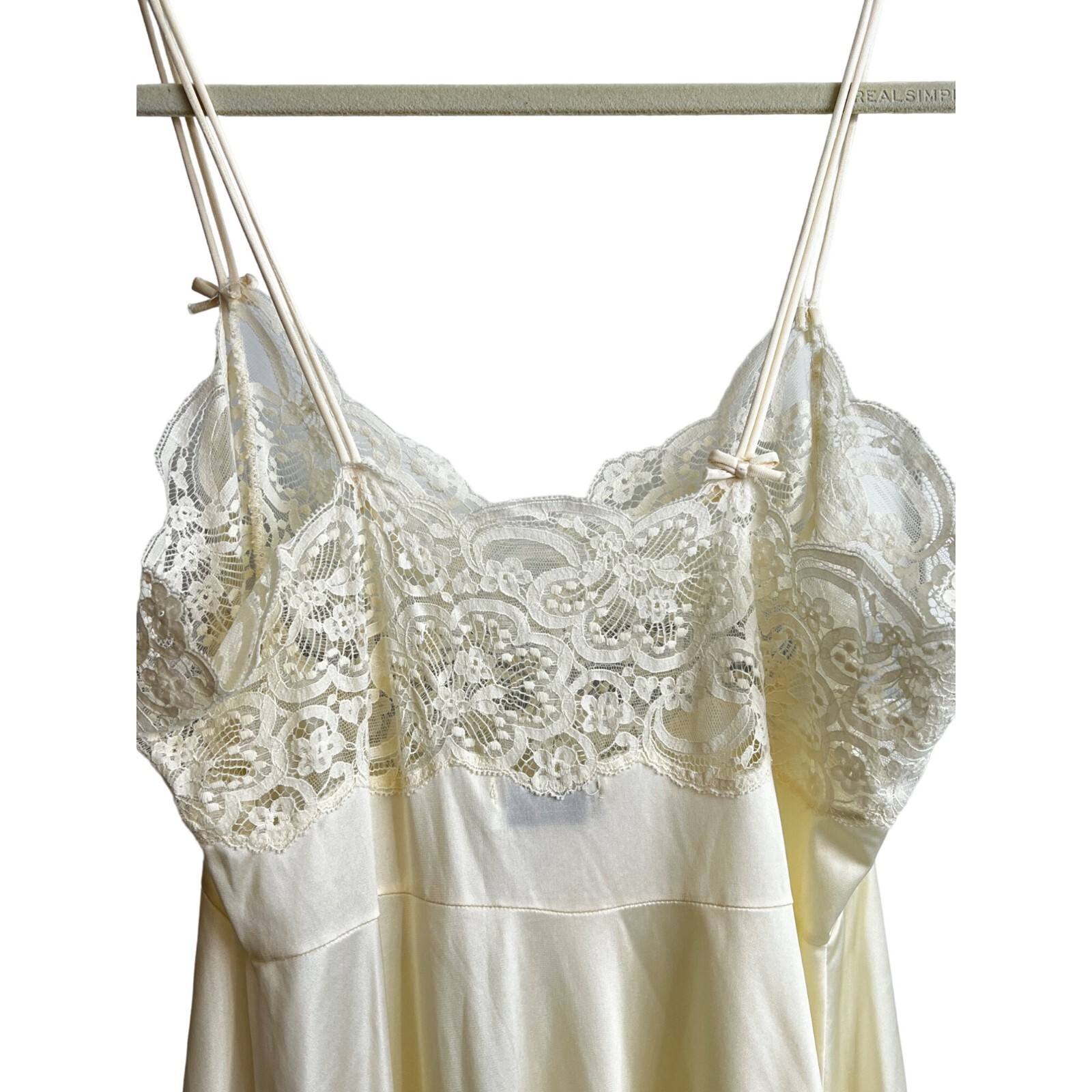 Vintage Lily Of France Ivory Satin & Lace Nightgown Spaghetti Straps Large
