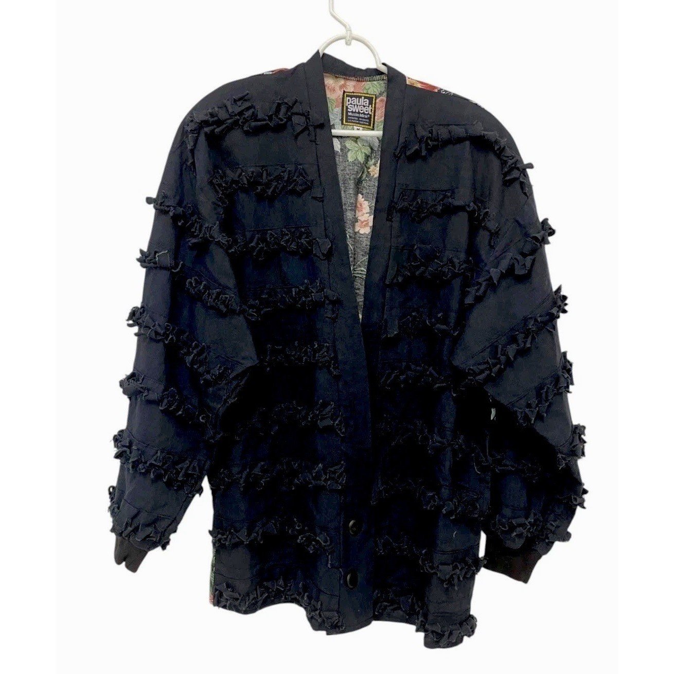 Paula Sweet Muslin Mink Blazer Sweater Medium Black Floral Fringe Vintage Jacket