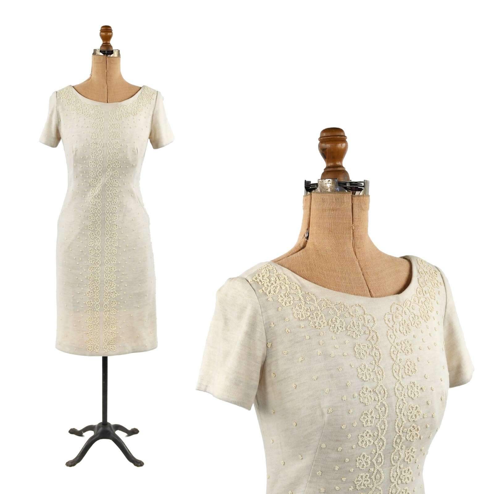 Vintage 60s Light Cream Floral Seed Bead Embellished Hourglass Cocktail Dress S