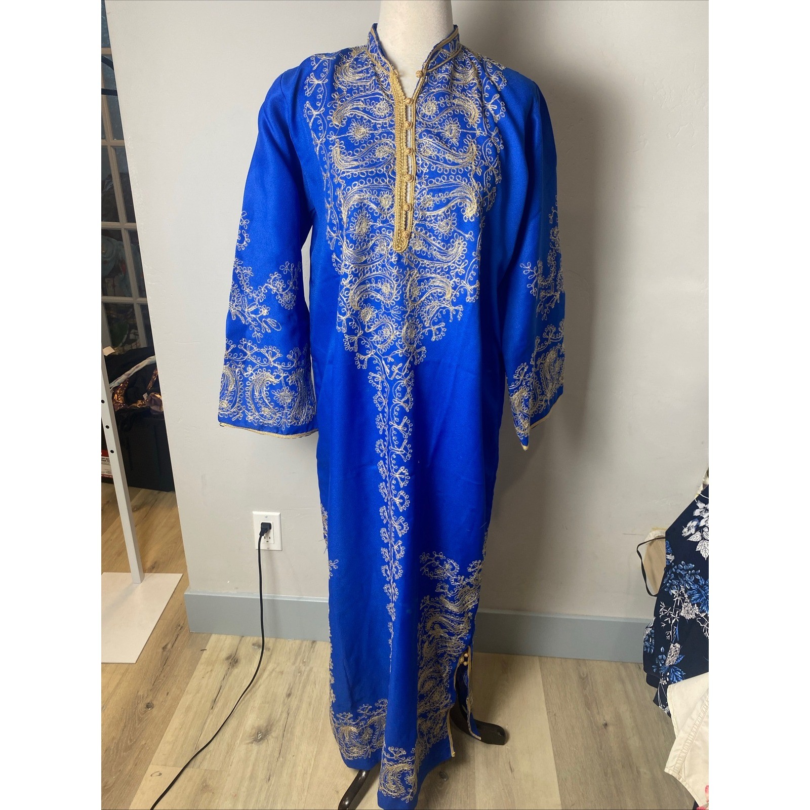 Vintage 60s Royal Blue Gold Embroidered Kaftan Hippie Boho Maxi Dress Paisley
