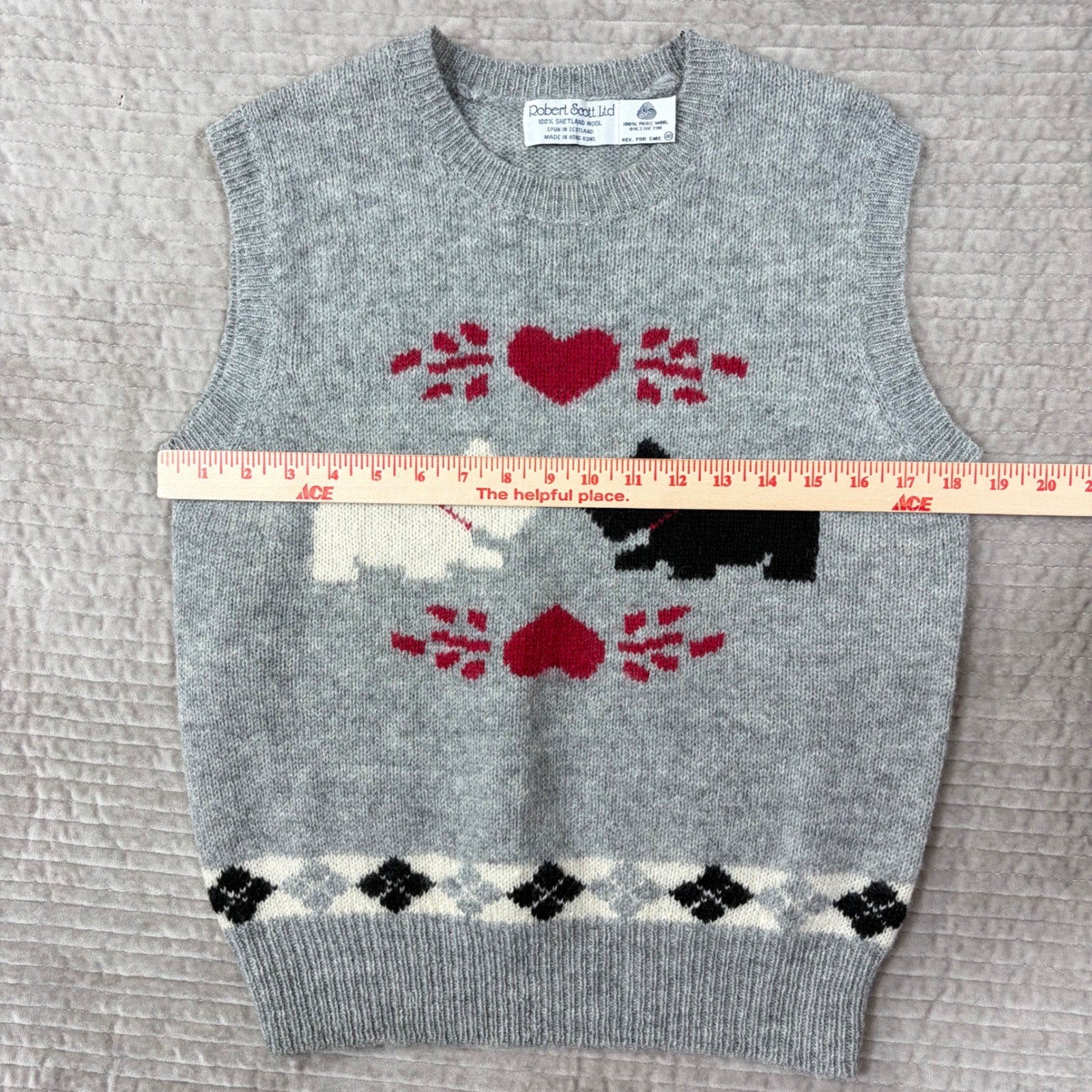 Robert Scott Ltd Vintage Shetland Wool Sweater Vest Gray Scottie Dog Heart 40