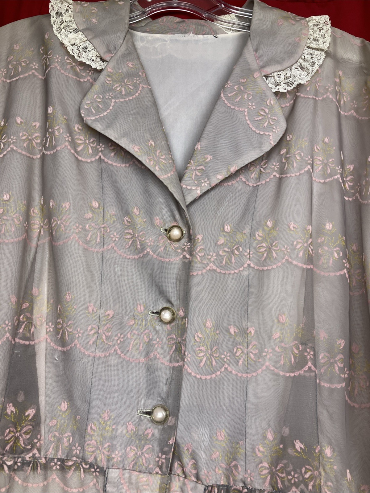 M L 50s UNIQUE Flocked Nylon Overlay Boudoir Hostess Shirt Dress Novelty Floral