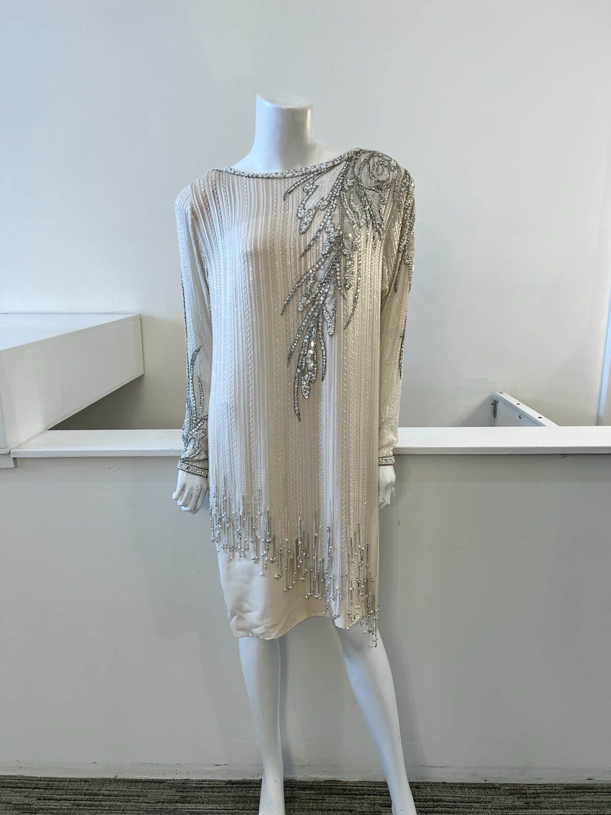 1980s BOB MACKIE Cream & Silver Beaded Silk Evening Dress Size 12