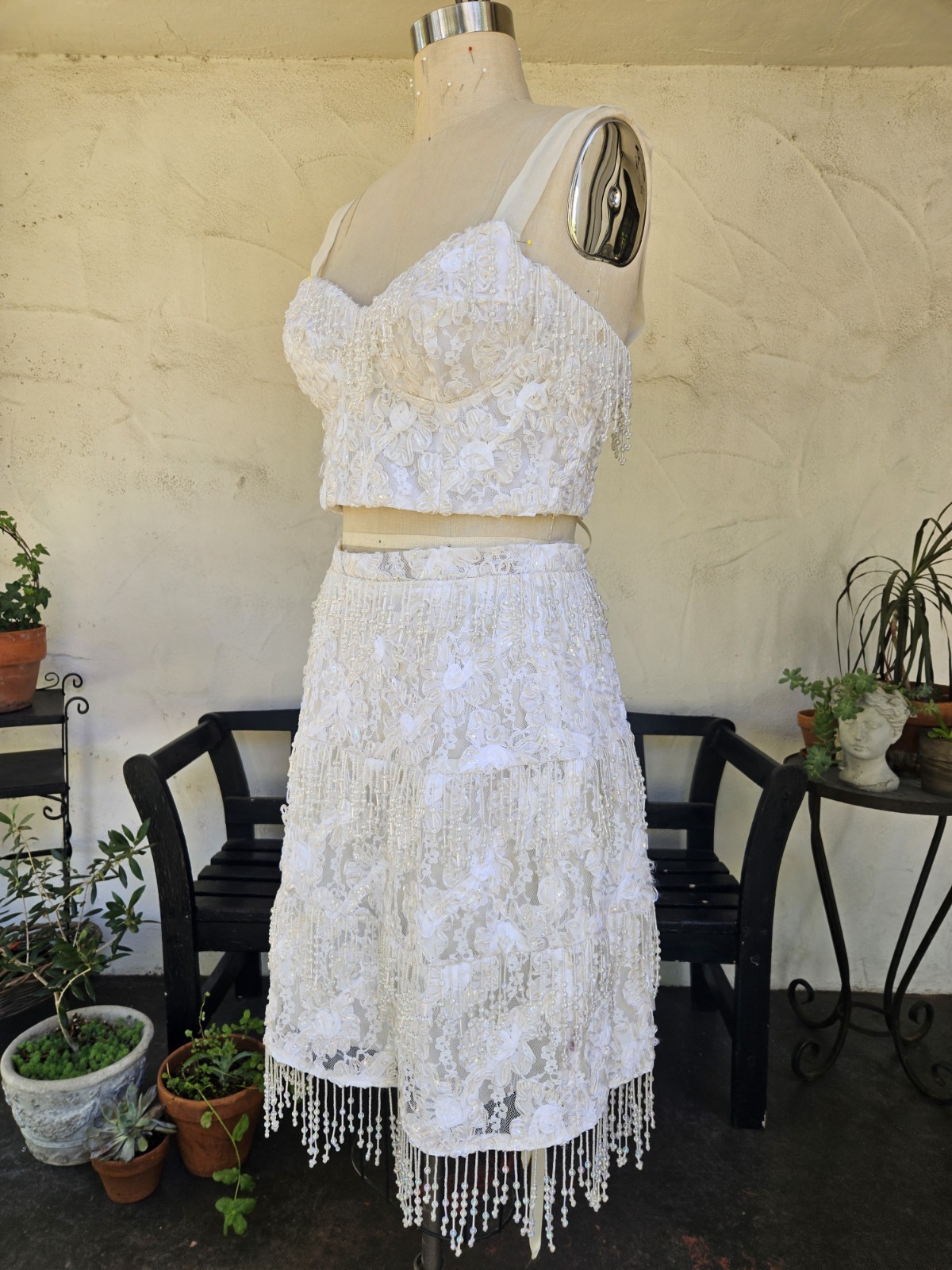 Vintage 1980s 2 Pic Wedding Dress Beaded Fringe Lace Bridal Bustier And Skirt L