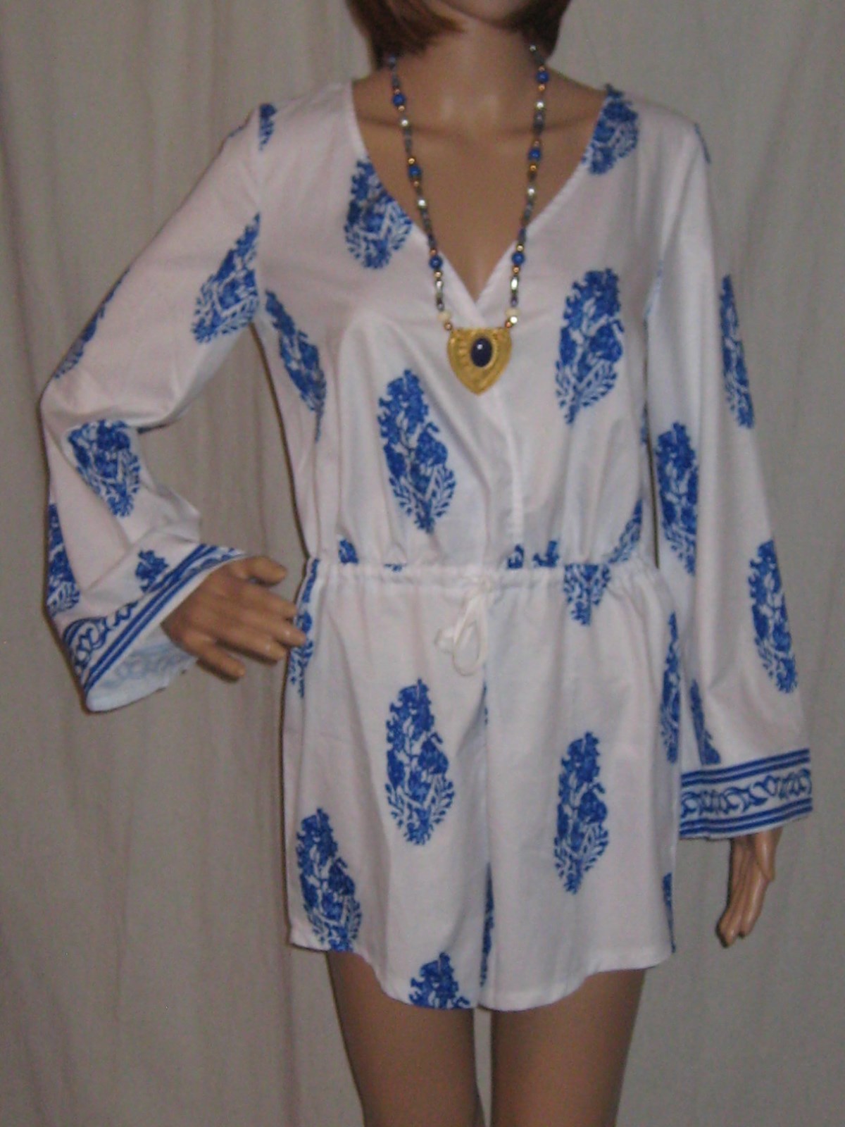 Vintage Shorts One Peice Playsuit Hippy Boho Ethic Festival Cobalt/White Medium