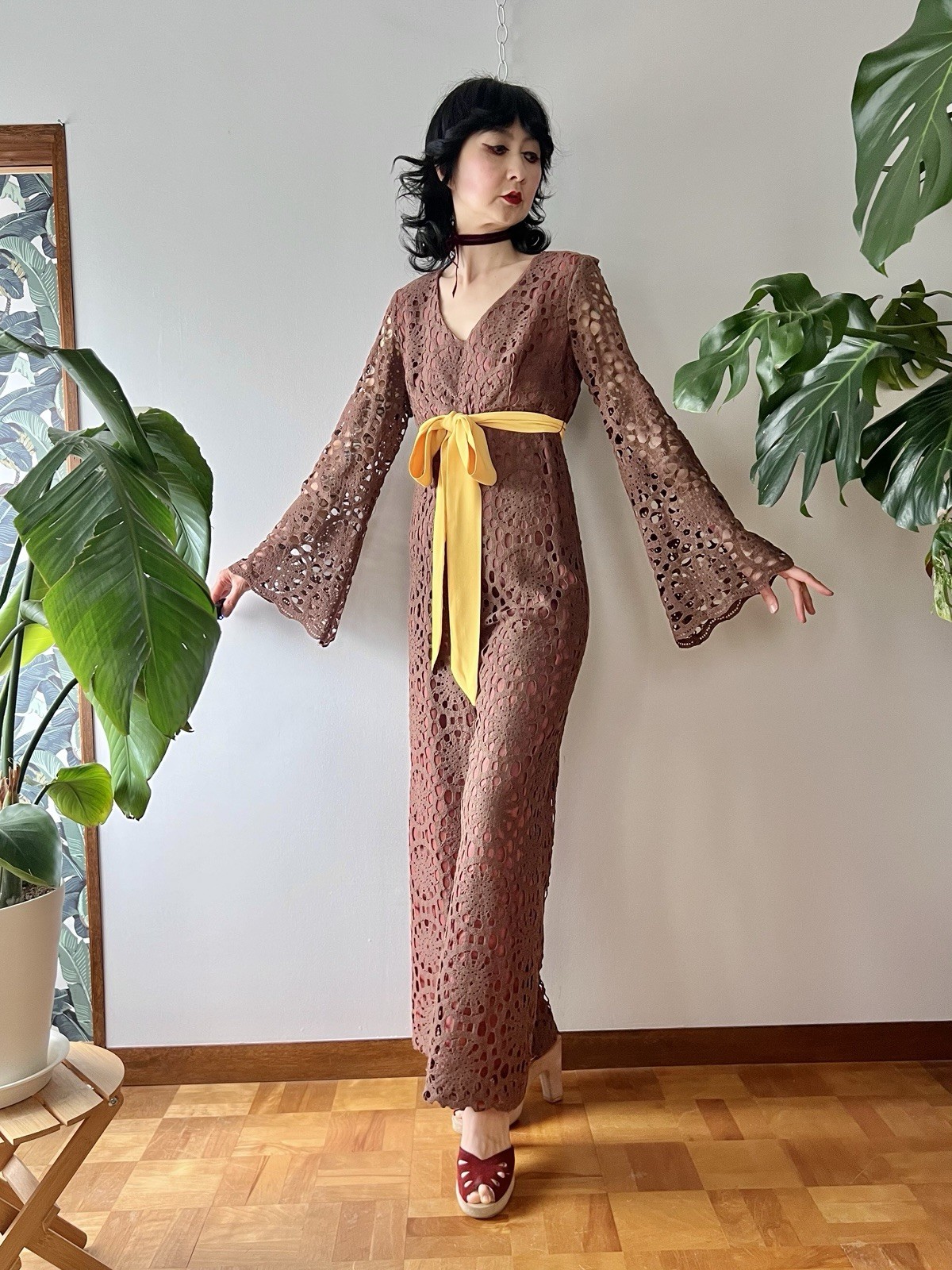 60s 70s Joy Stevens California Crochet Lace Bell Sleeve Flared Wide Leg Jumpsuit