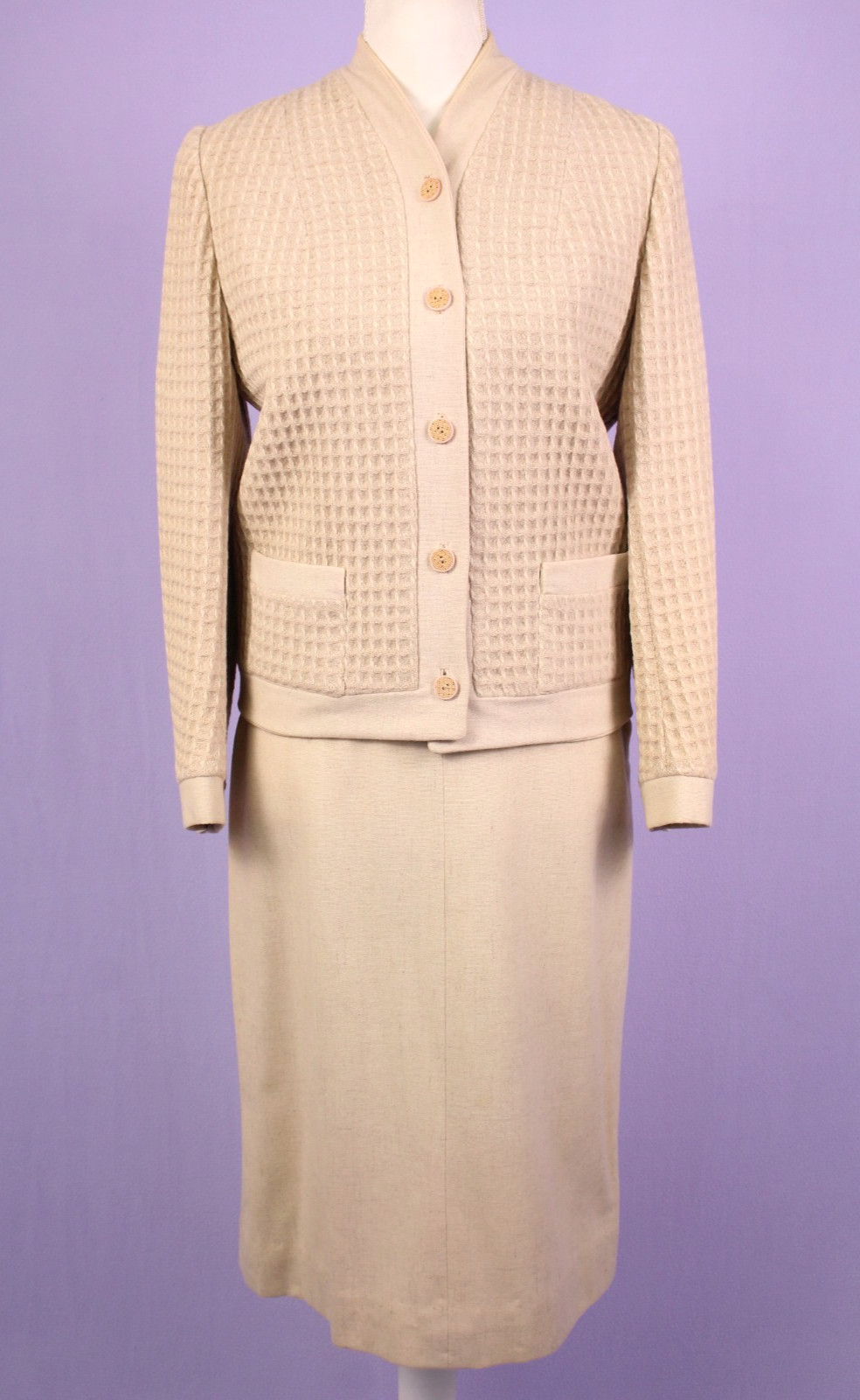 VTG Women’s 50s 2 Pc Cream Textured Wool Dress Suit XS/S 1950s Jacket Skirt Set