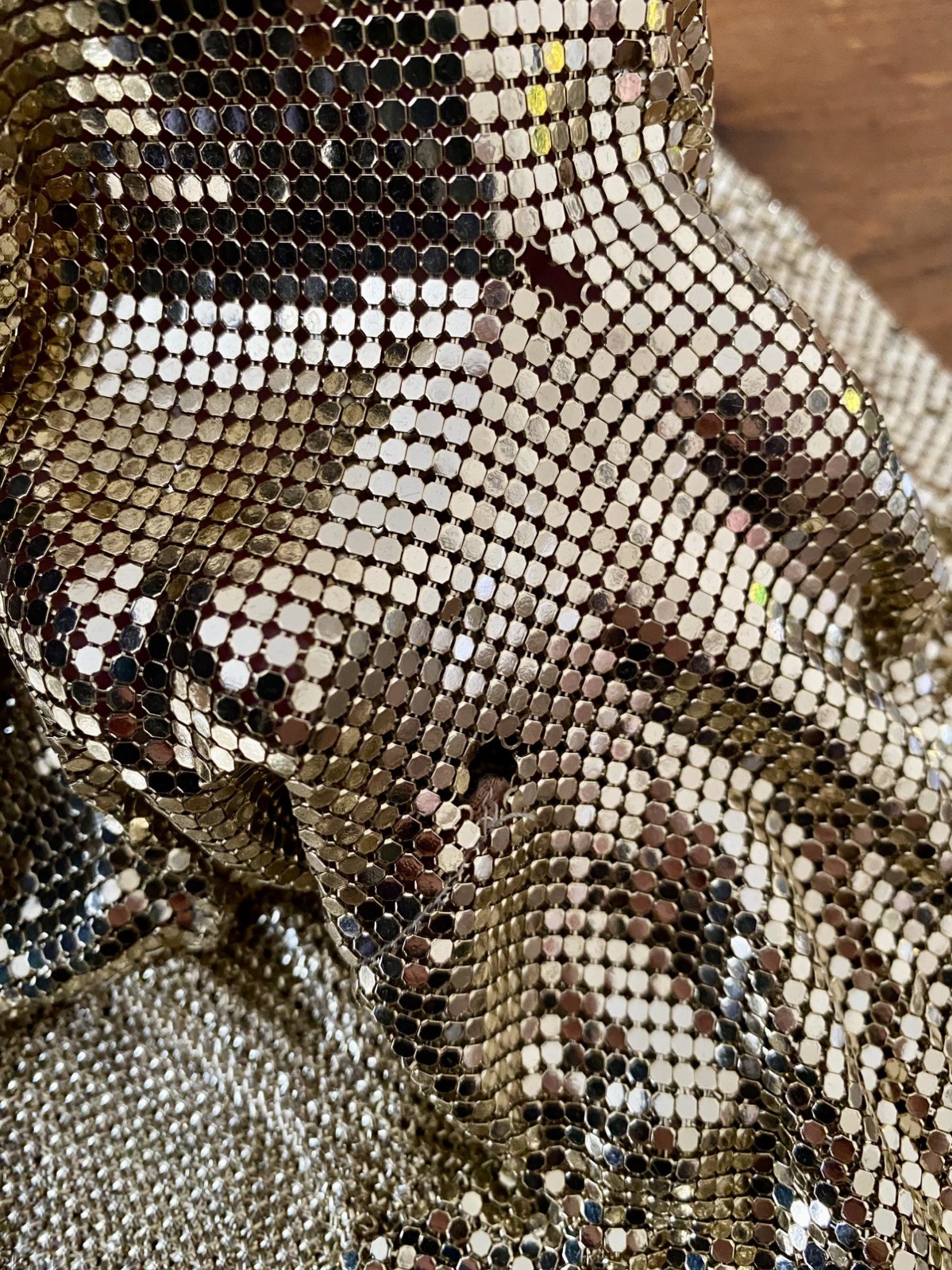 Vtg Whiting Davis Liquid Gold Metal Mesh Chain Mail Draped Front Top 70s Disco M