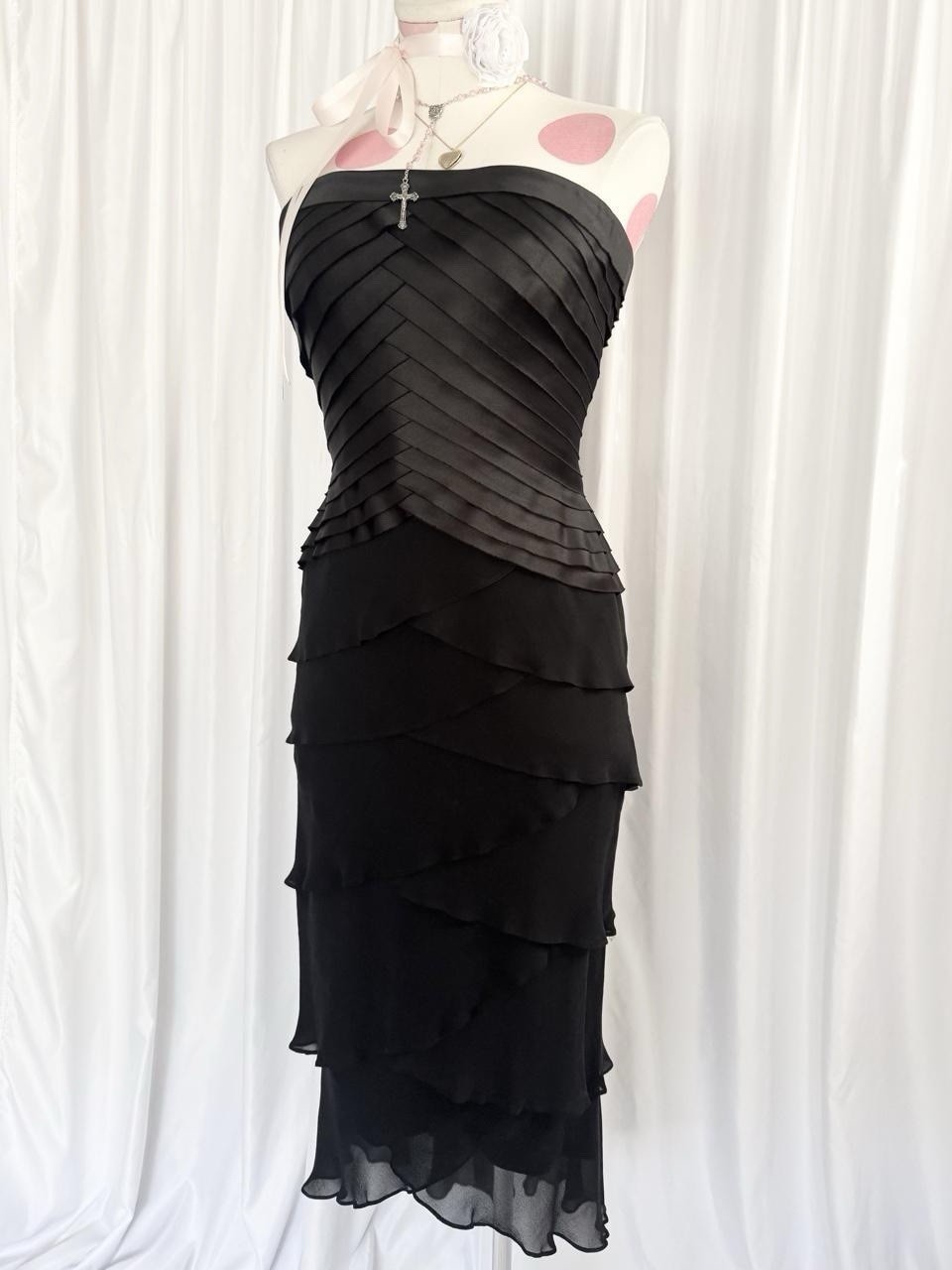 Vintage Black Silk Pleated Ruffle Mesh Fairy Formal Midi Gown Dress Tadashi Sz 6