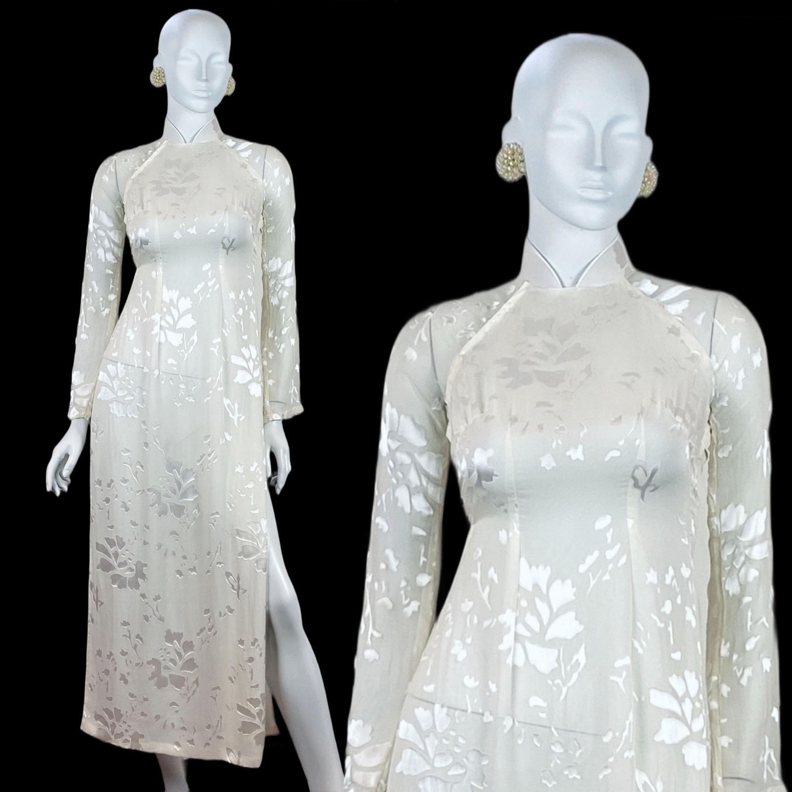 VTG Silk Satin Cheongsam Blouse Tunic Floral Bridal Korean Áo Dài Wedding Asian