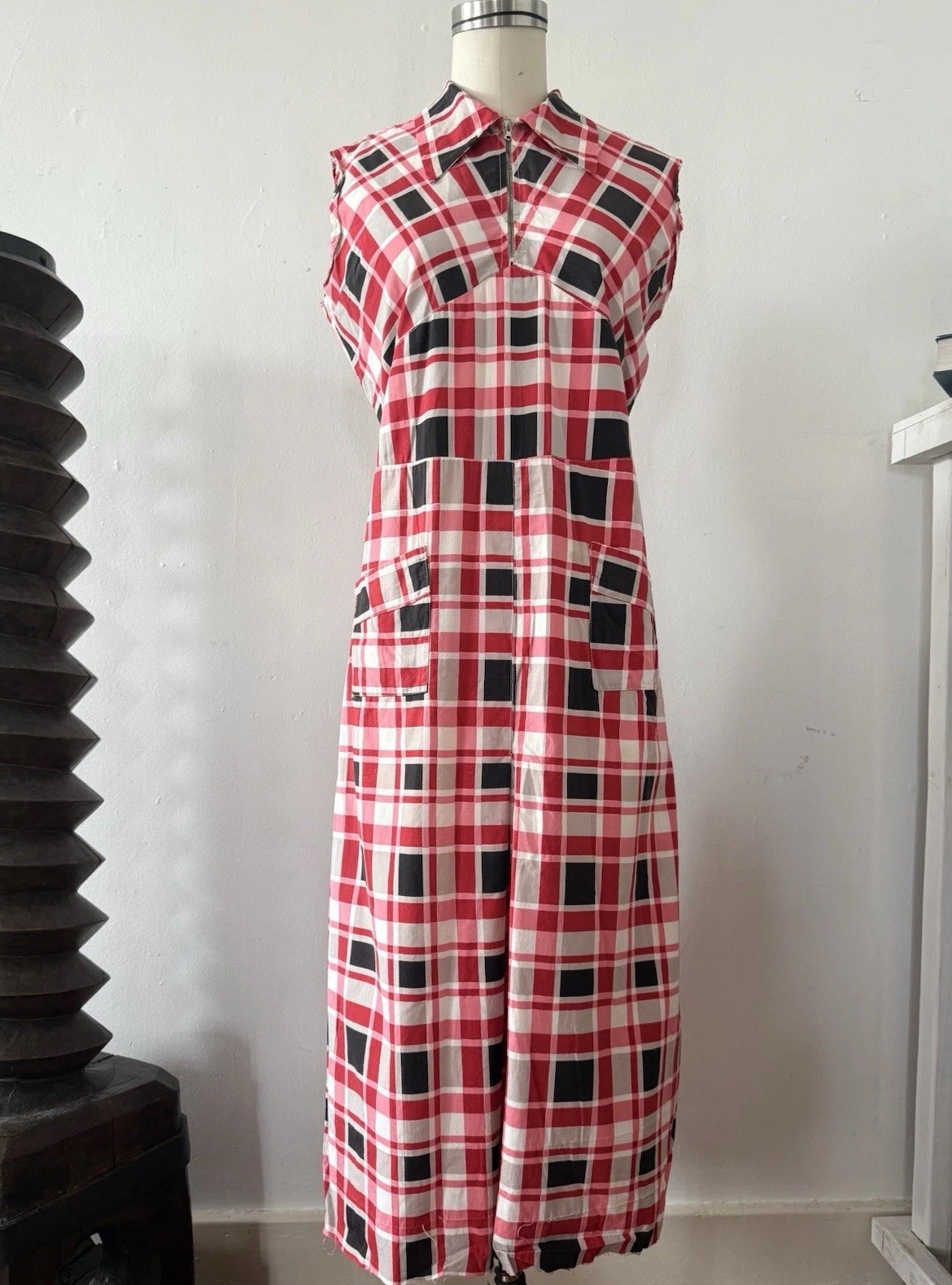 30s Glazed Cotton Plaid Pointed Collar 1/4 Zip Halter Dress Midi Sportswear S/M