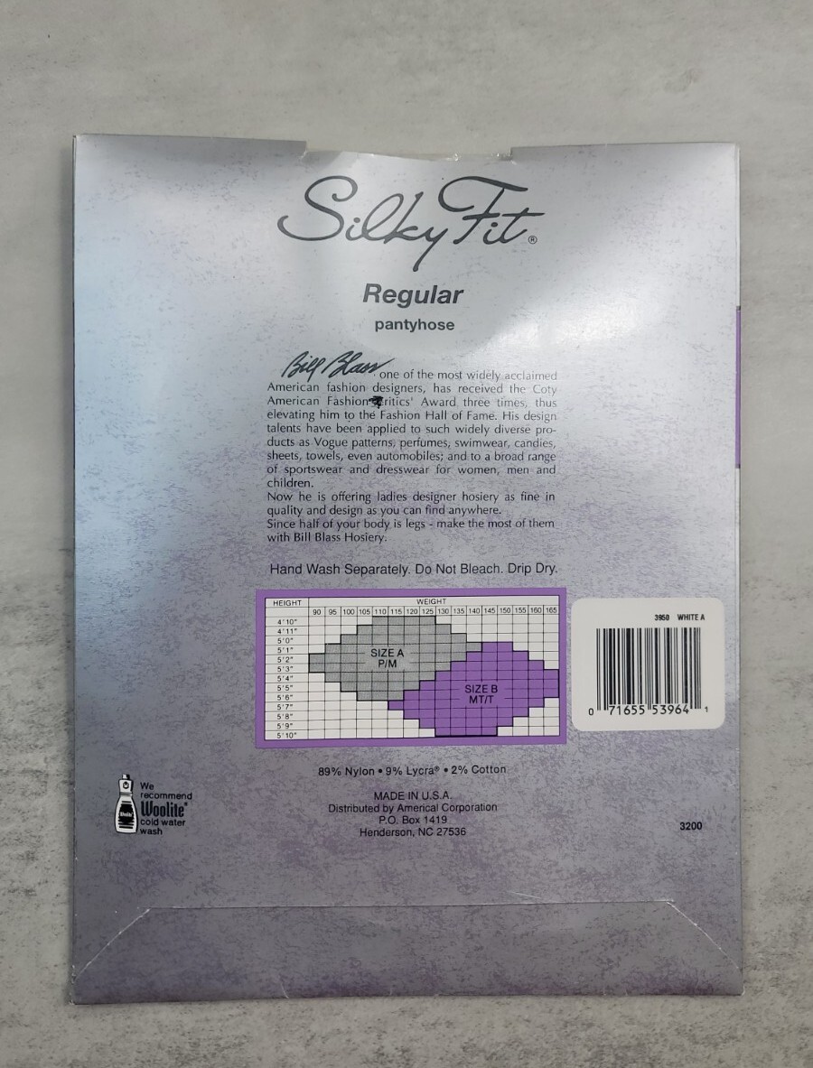 Vintage A Silky Fit Bill Blass Pantyhose White USA 3950 Classic Solid