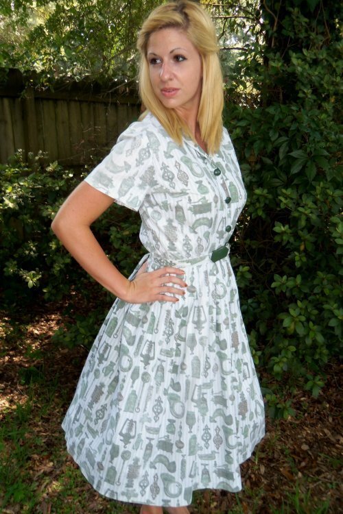 Vtg 50s VIRGINIA HART Cotton Fabric KITCHEN THEME Belt Dress DEADSTOCK M L NOS