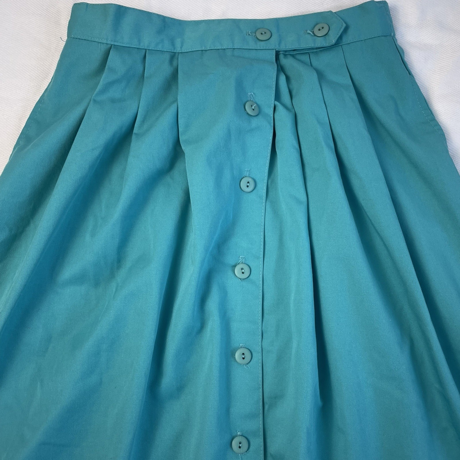 Vintage 80s XS Teal Button Front Midi Skirt High Rise A-Line Turquoise Preppy
