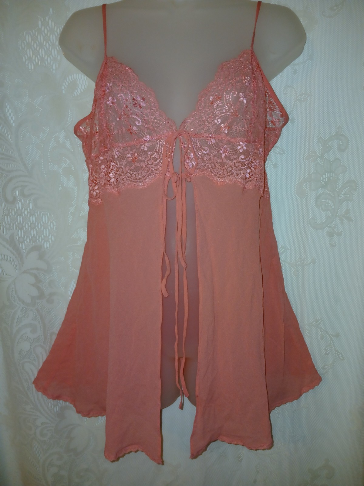 Vintage 90s Victorias Secret SILK Pink Chiffon Sheer Lace Babydoll Nighty L