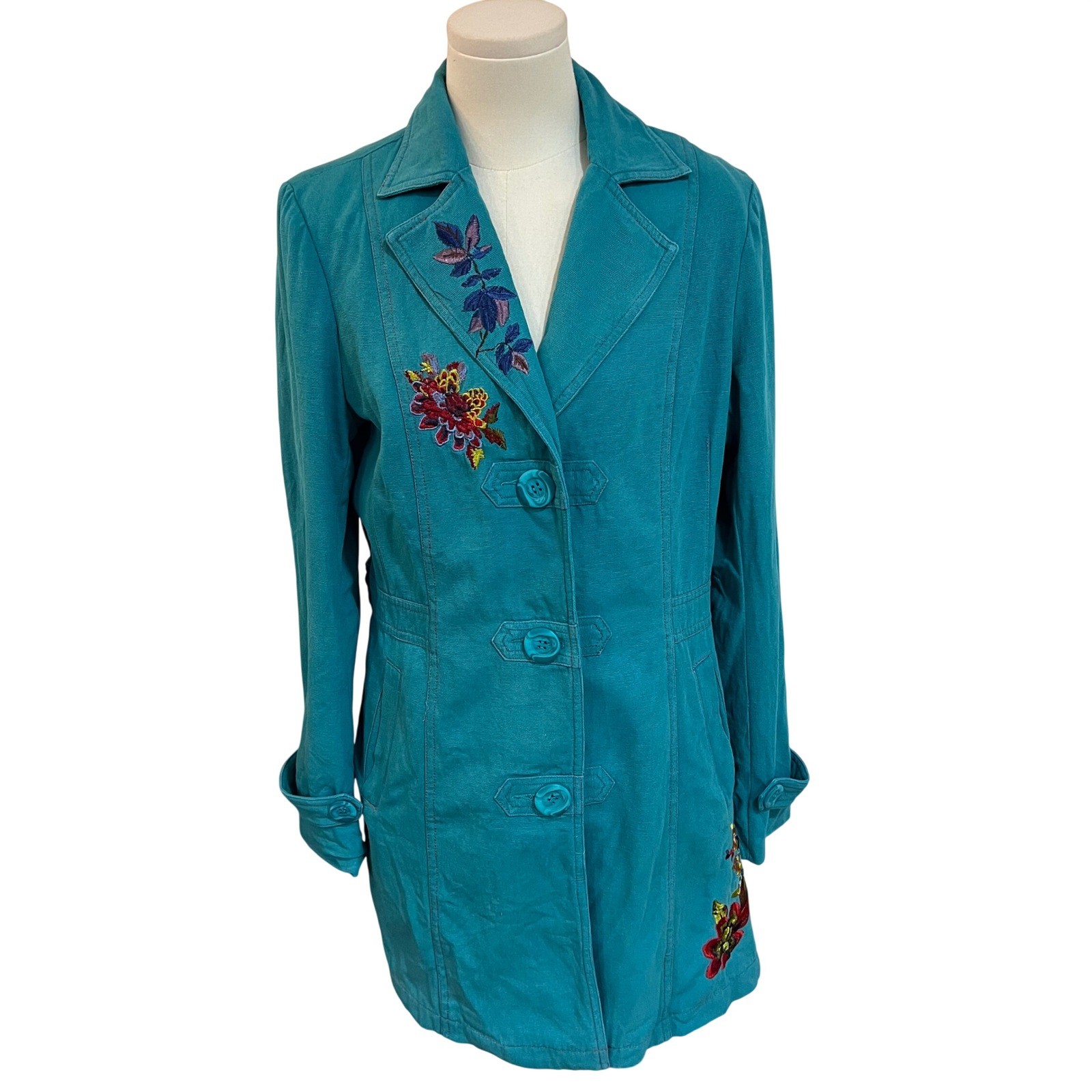 Vintage Tracy Porter Teal Cotton Canvas Floral Embroidered Boho Trench Coat L