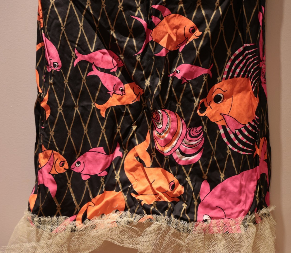 Vintage Sleeveless Dress Fish Octopus Sea Black Gold Pink Orange S/M *** RARE