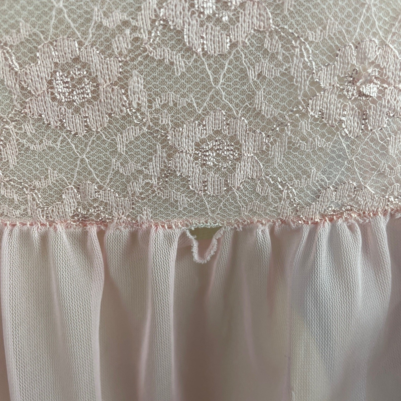 Vintage 70s Peignoir Set Large Pink Sheer Chiffon Lace Lingerie Babydoll 2 Piece