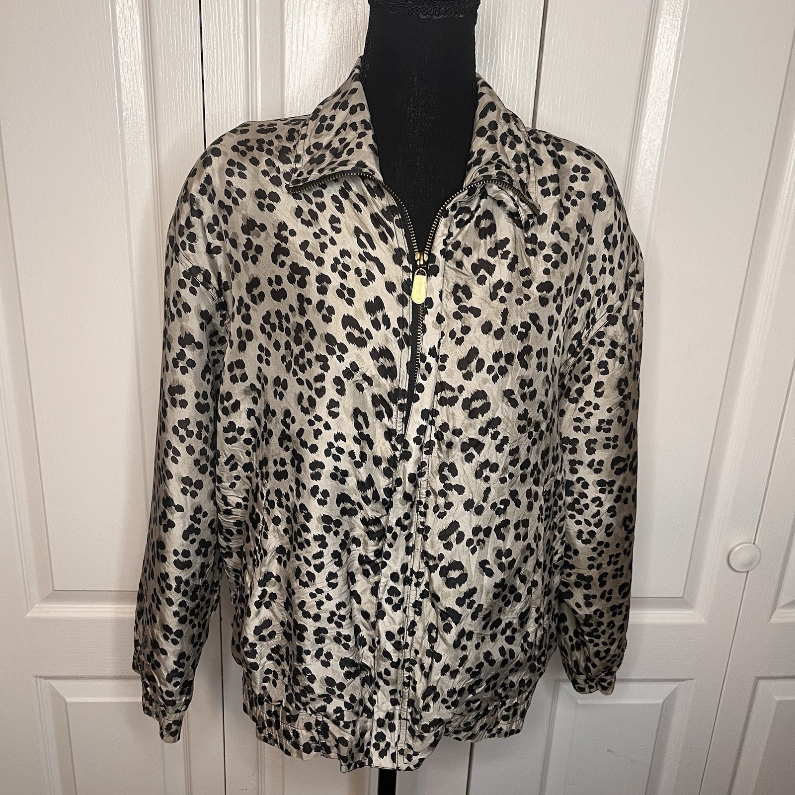 Vintage Fuda International 100% Silk Leopard Jacket 80s/90s Revival Sz S Zip