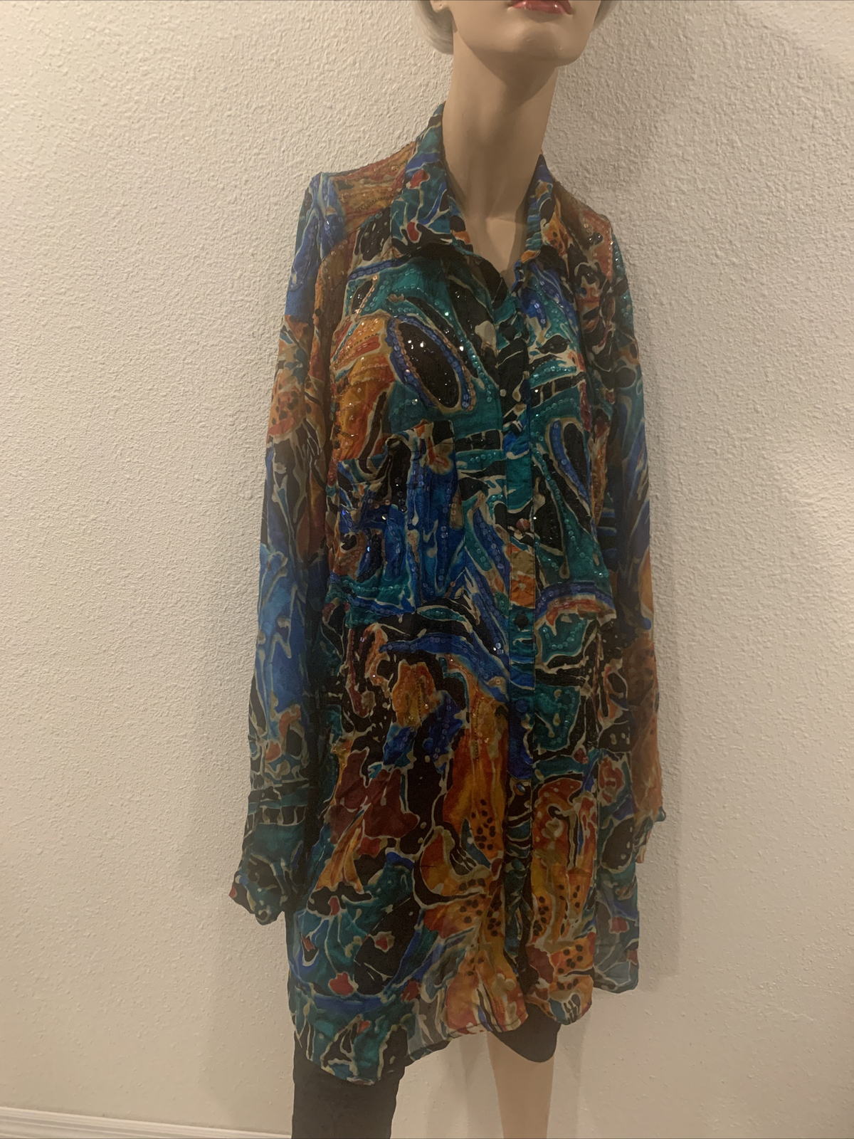 Vintage Judith Ann Plus Silk Burtton Up Tunic Blouse Embellished 2X 18-20